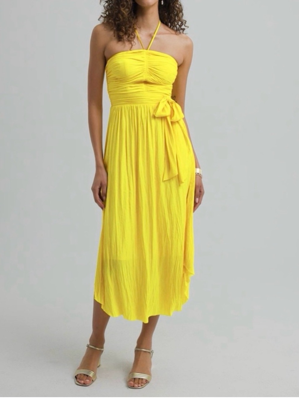 WHBM vibrant yellow strapless midi dress draped cowl bodice and a tie at waist
